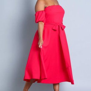 Red Off Shoulder Midi Dress